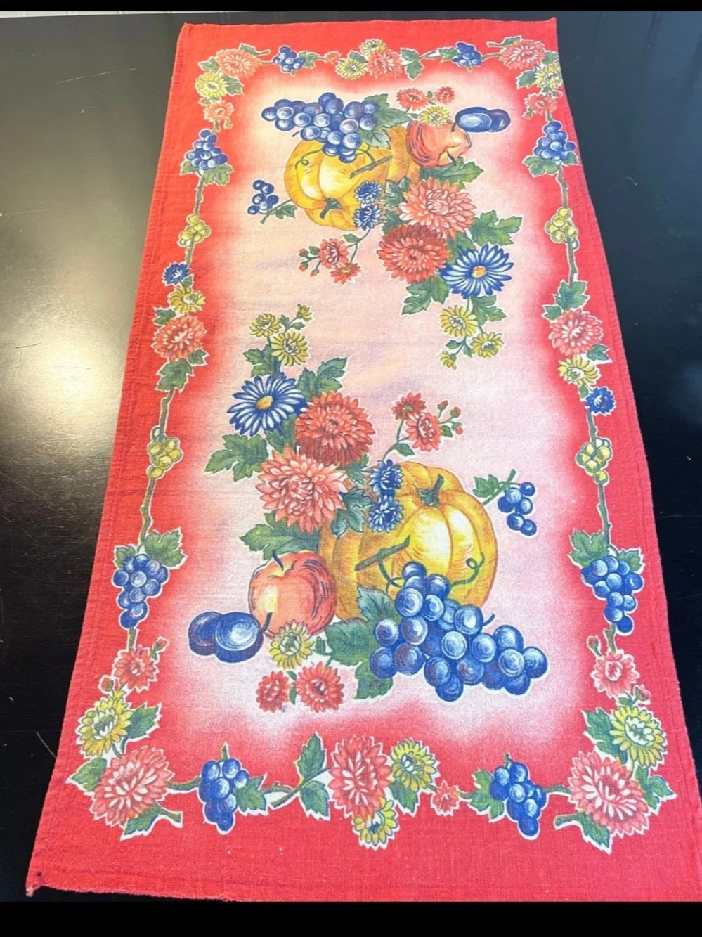 Vintage Tea Towel Hand Towel Table Scarf Pumpkin Flowers Fruit 13x28